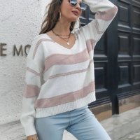 Дамски раиран пуловер с падащи ръкави с V-образно деколте, 2цвята - 023, снимка 8 - Блузи с дълъг ръкав и пуловери - 39633202