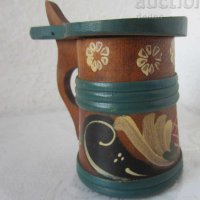 Дървена скандинавска халба с капак и рисувани цветя, снимка 1 - Други ценни предмети - 29284677