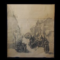 Стара картина, град, военни, танк, мотоциклет с кош, 1950-те