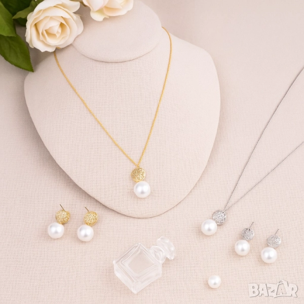 Класически комплект колие и обеци с перли, снимка 1