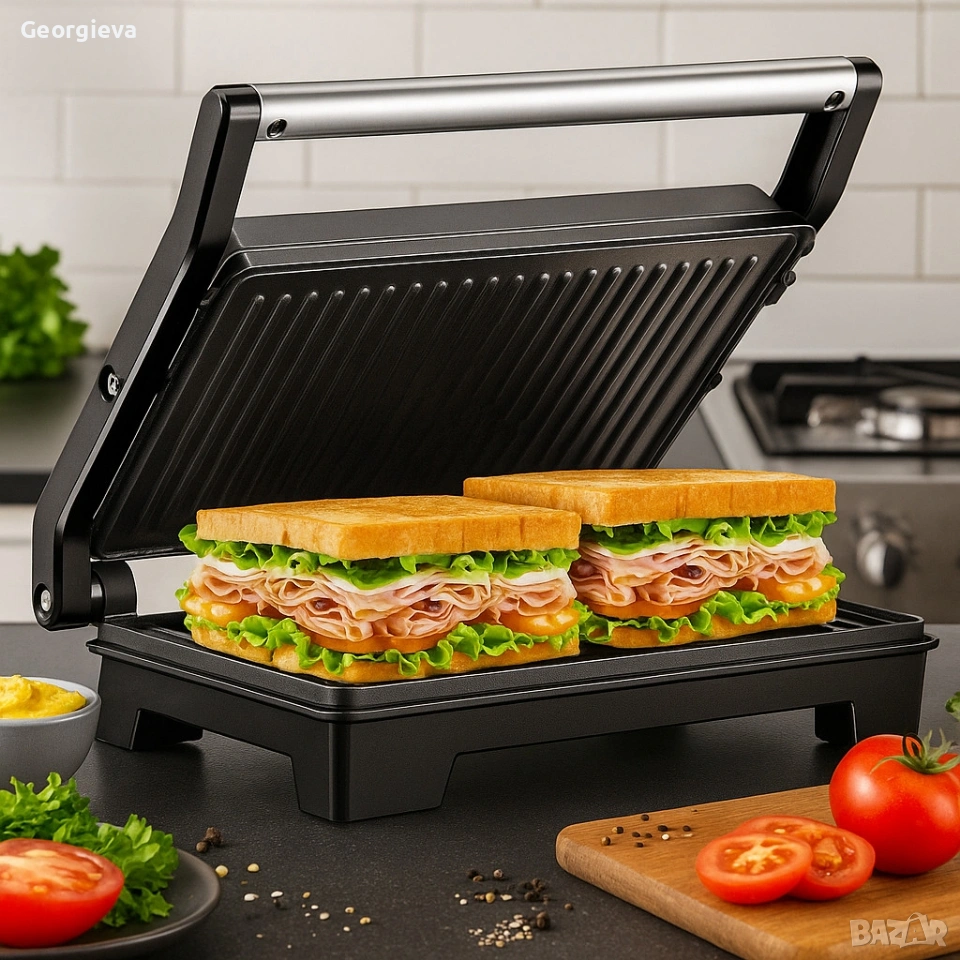 Тостер грил Royalty Line RL-PM1000 - Компактен грил и сандвич преса 2 в 1, снимка 1