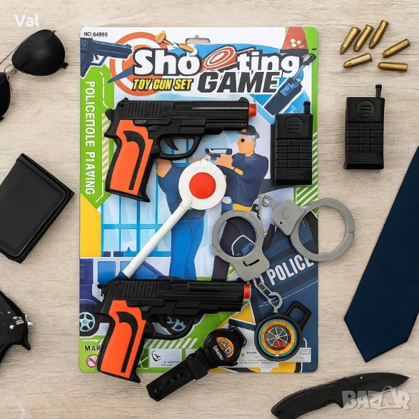 Детски полицейски комплект с 2 играчки и аксесоари-пълен арсенал за малки герои, снимка 1