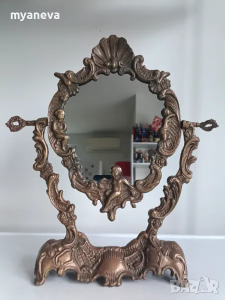 Бронзово , настолно огледало в стил Art Nouveau с релеф на херувими ., снимка 1