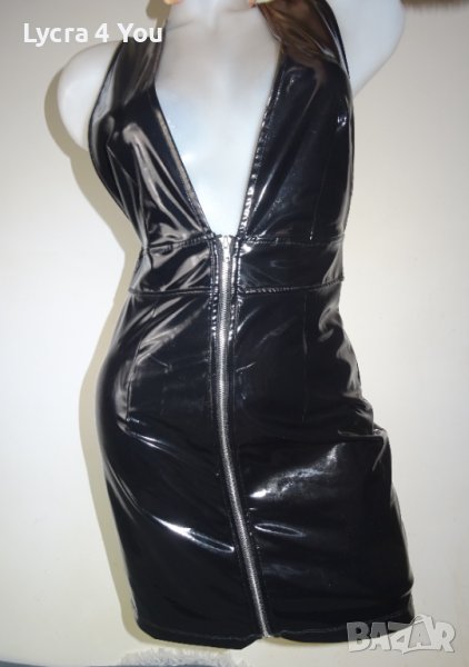 S/M Divided by H&M черна лачена/винил рокля с дълбоко деколте и цип отпред, снимка 1