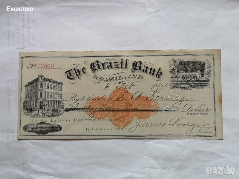 Usa 1874 Check The Brazil Bank $ 45 Canceled , снимка 1
