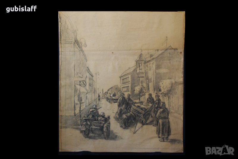Стара картина, град, военни, танк, мотоциклет с кош, 1950-те, снимка 1