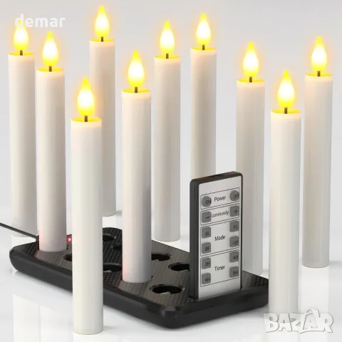 Yme LED свещи, презареждащи се с дистанционно управление и таймер, 10 броя, снимка 1