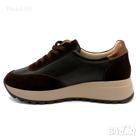 Дамски кафяви обувки от естествена кожа с платформа и златист акцент, снимка 6 - Дамски ежедневни обувки - 52368249