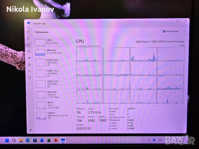 HP EliteDesk 705 G5 SFF AMD Ryzen 7 3700 4.40 Ghz | 16GB RAM | 1TB SSD + 1TB HDD |GT 730 2GB|Wifi+BT, снимка 6 - Работни компютри - 52774754