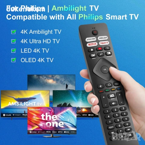 Универсално дистанционно за Philips TV с Ambilight бутон, LED, OLED и 4K UHD, снимка 2 - Дистанционни - 53042432