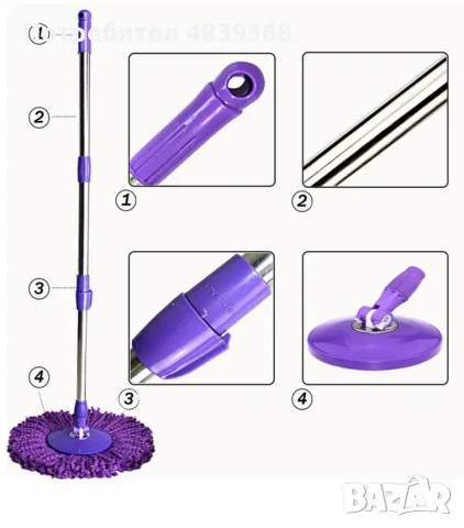 Моп за почистване на под - ламинат - spin mop 360 ПРОМО ЦЕНА, снимка 9 - Мопове, кофи, четки и метли - 56264938