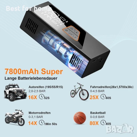 Електрическа въздушна помпа, компресор с батерия 7800 mAh, снимка 3 - Аксесоари и консумативи - 51157978