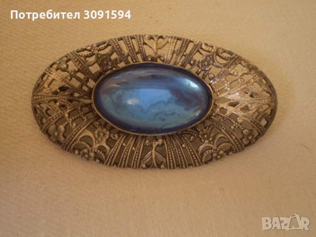 брошка Чешко стъкло с цвят синьо и филигранн 1920г , снимка 4 - Антикварни и старинни предмети - 38686508