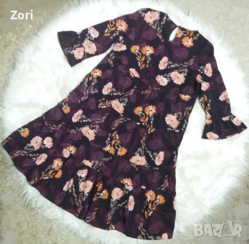 Къса рокля в кафеви цветове на волани с флорален принт, снимка 2 - Рокли - 40281752