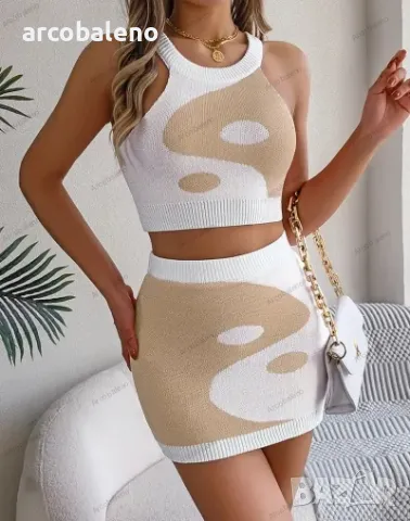 Дамски трикотажен комплект с оголен корем и пола в контрастен цвят, 3цвята , снимка 8 - Комплекти - 48445847