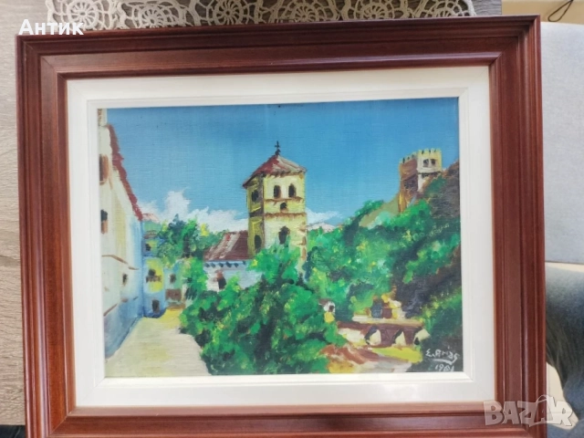 Маслена картина - Градски пейзаж с кула, подписана и датирана 1961, ∼43х33 см с рамка