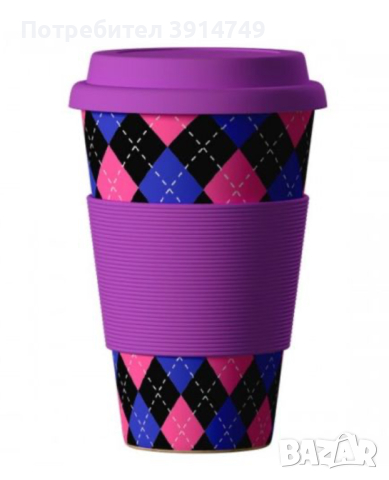 Екологично чиста чаша с капак, за многократна употреба, бамбукова материя, 400 мл Аргайл принт, НОВА