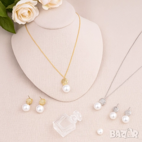 Класически комплект колие и обеци с перли