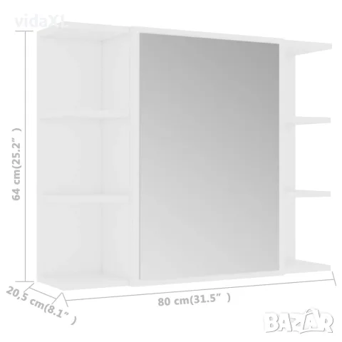 vidaXL Шкаф за баня с огледало, бял, 80x20,5x64 см, инженерно дърво, снимка 10 - Шкафове - 56147869