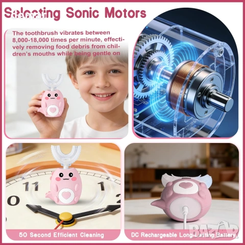 Детска електрическа четка за зъби U-образна, 360º, 3 режима, IPX7, 4 глави, снимка 6 - Други - 53901224