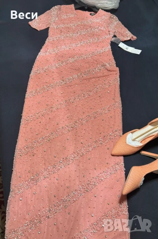 Дълга рокля Aidan Mattox - розова праскова, снимка 3 - Рокли - 53204802