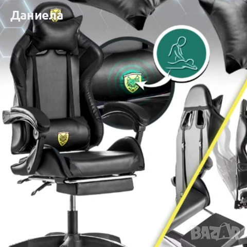 Черен геймърски стол с прибираща се поставка за крака – максимален комфорт при дълги часове игра, снимка 4 - Столове - 53237894