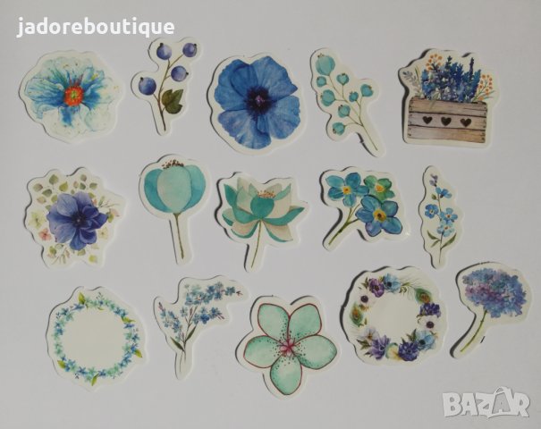 Скрапбук стикери "сини цветя" - 15 бр /комплект 