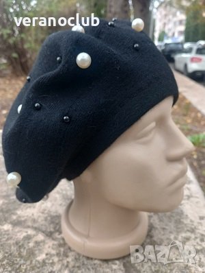 Черна дамска барета с перли Лукс, снимка 4 - Слънчеви и диоптрични очила - 42926812