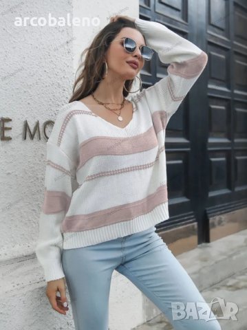 Дамски раиран пуловер с V-образно деколте и паднал ръкав, 2цвята , снимка 9 - Блузи с дълъг ръкав и пуловери - 39633202