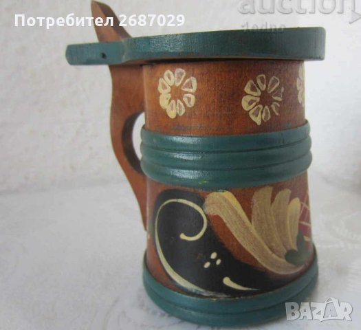 Дървена скандинавска халба с капак и рисувани цветя, снимка 1 - Други ценни предмети - 29284677