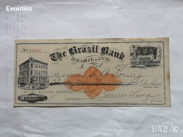 Usa 1874 Check The Brazil Bank $ 45 Canceled , снимка 1 - Нумизматика и бонистика - 29475778