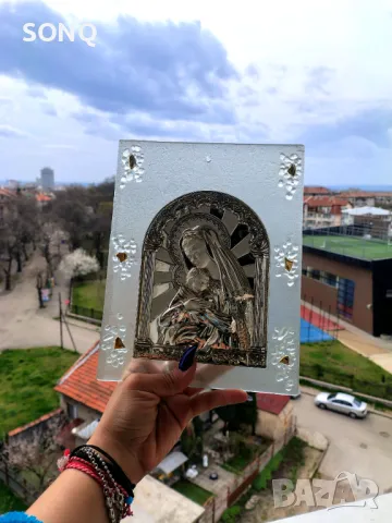 Прекрасна Сребърна Икона Върху Стъкло, снимка 5 - Икони - 49641043