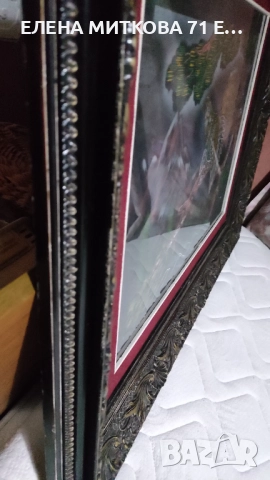 Голяма картина /ковьор рисуван върху текстил в масивна дървена рамка с орнаменти, снимка 6 - Картини - 52894068