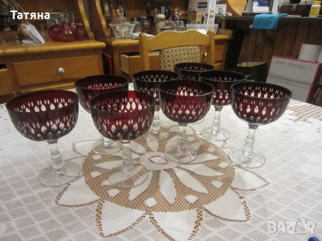     КРИСТ.ЧАШИ С РУБИНЕН ЦВЯТ,РЪЧНО ИНКРУСТИРАНИ и др, снимка 7 - Сервизи - 31354344
