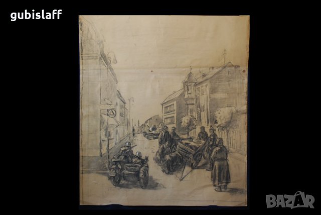 Стара картина, град, военни, танк, мотоциклет с кош, 1950-те, снимка 1 - Картини - 31367528