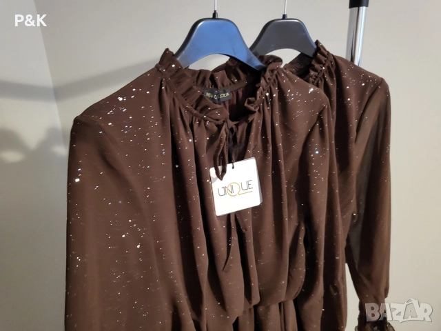 Рокля с блясък в шоколадово кафяво , снимка 4 - Рокли - 52734240