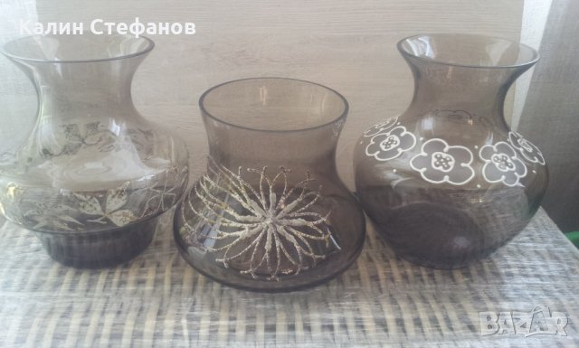 Три различни вазички кафяво стъкло с украса на ръка, снимка 5 - Вази - 30053391