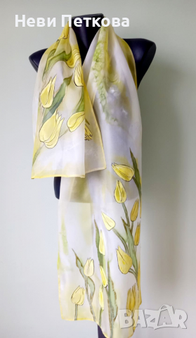 Рисуван копринен шал ЛАЛЕТА, снимка 2 - Шалове - 36554100