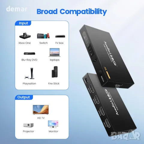 avedio links HDMI превключвател 5 входа - 1 изход 4K@60Hz, 5 порта с дистанционно, снимка 6 - Друга електроника - 47989302