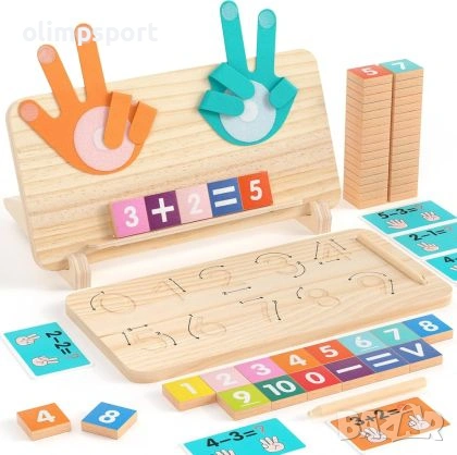 Дървена образователна играчка за броене с пръсти, включваща числови блокчета, обучителни карти