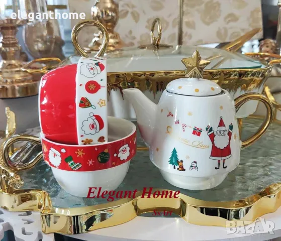 Порцеланов комплект - чайник и 2 броя чаши за чай/капучино КОЛЕДА, снимка 4 - Сервизи - 47825674
