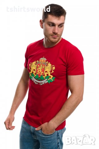 Нова мъжка червена тениска с релефен трансферен печат Герб на България, снимка 3 - Тениски - 29889507