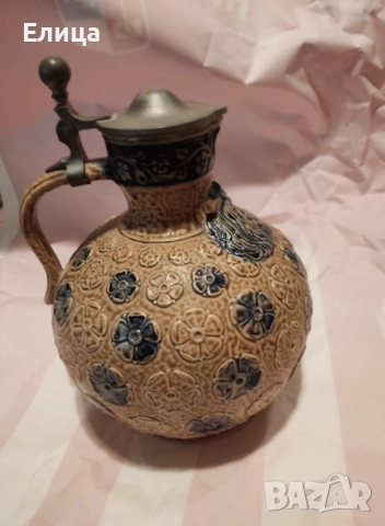 Колекционерска кана Bartmann jug 1558 от керамика с метален капак., снимка 2 - Антикварни и старинни предмети - 52643313