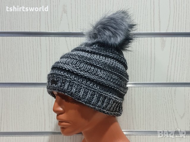 Нова дамска плетена шапка сив меланж с помпон/пух, снимка 2 - Шапки - 30963330