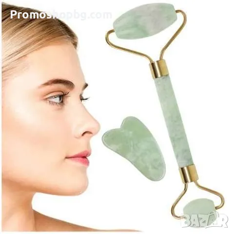 Нефритен ролер + Гуа ша камък за масаж на лице, Зелен, снимка 3 - Други - 50046432