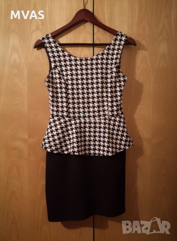 Нова рокля с пеплум черно-бяла S класическа пепитена, снимка 2 - Рокли - 29322280