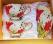 Комплект за кафе и чай от костен порцелан с червени цветя, снимка 2