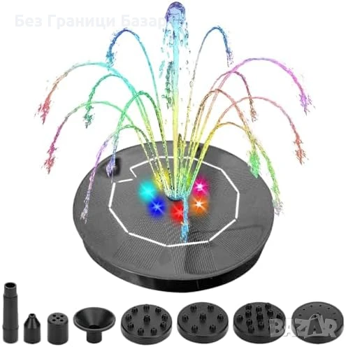 Нов Фонтан с LED светлини и дюзи – соларна градинска помпа за езерце, снимка 1