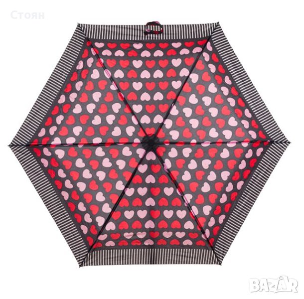 Сгъваем чадър за дъжд Ръчен Черно Червени Розови Сърца 23,5см, снимка 1