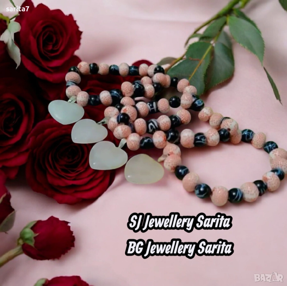 Гривни LOVE / ЛЮБОВ с висулка сърце от РОЗОВ КВАРЦ, снимка 1